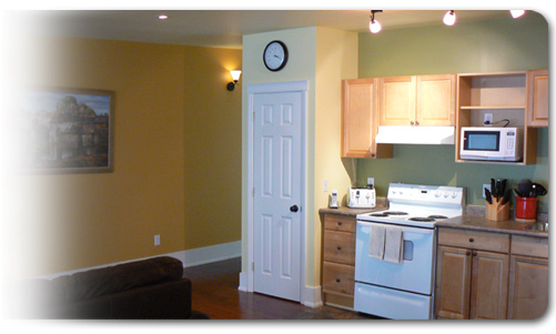 Kitchen and Hallway in a Cader Lofts Short Term Furnished Apartment for rent in Peterborough